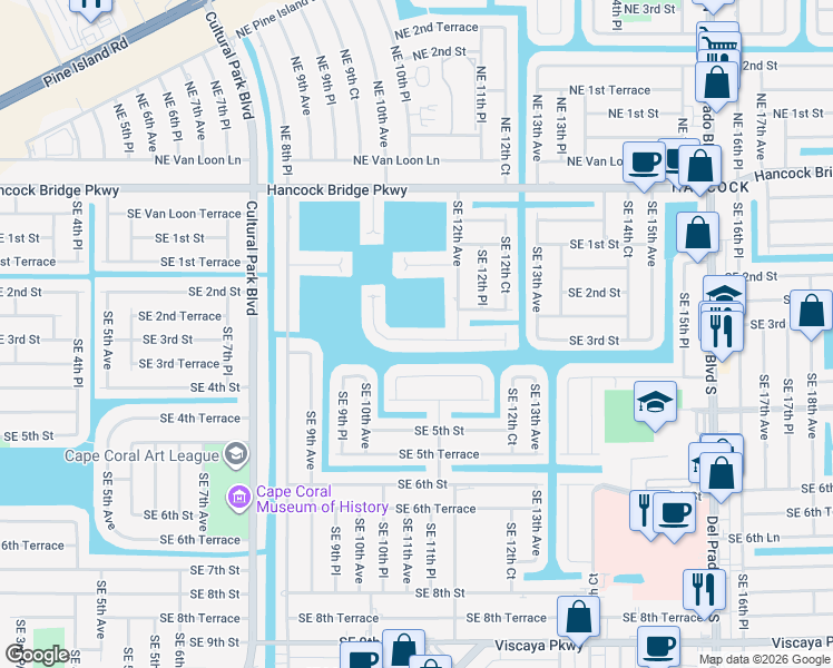 map of restaurants, bars, coffee shops, grocery stores, and more near 1101 Southeast 3rd Street in Cape Coral