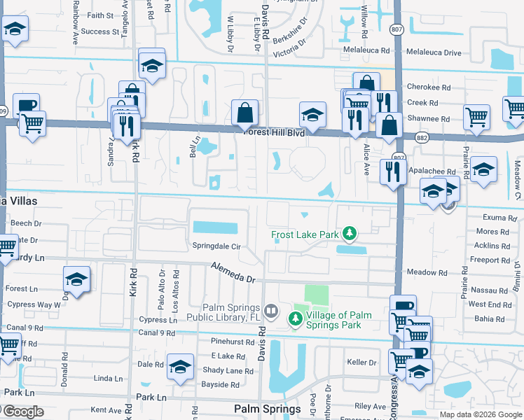 map of restaurants, bars, coffee shops, grocery stores, and more near 371 Springdale Circle in Palm Springs