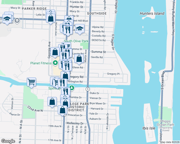 map of restaurants, bars, coffee shops, grocery stores, and more near 261 Rutland Boulevard in West Palm Beach