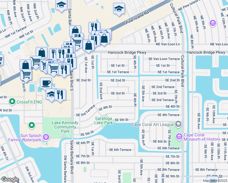 map of restaurants, bars, coffee shops, grocery stores, and more near 237 Southeast 3rd Street in Cape Coral