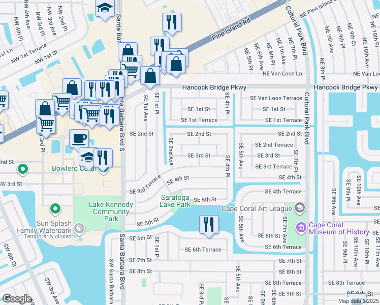 map of restaurants, bars, coffee shops, grocery stores, and more near 227 Southeast 2nd Terrace in Cape Coral