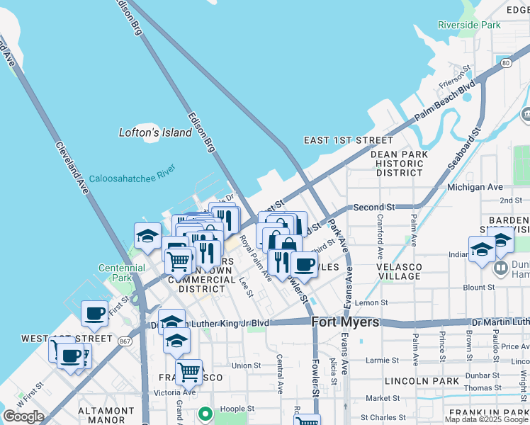 map of restaurants, bars, coffee shops, grocery stores, and more near First Street in Fort Myers
