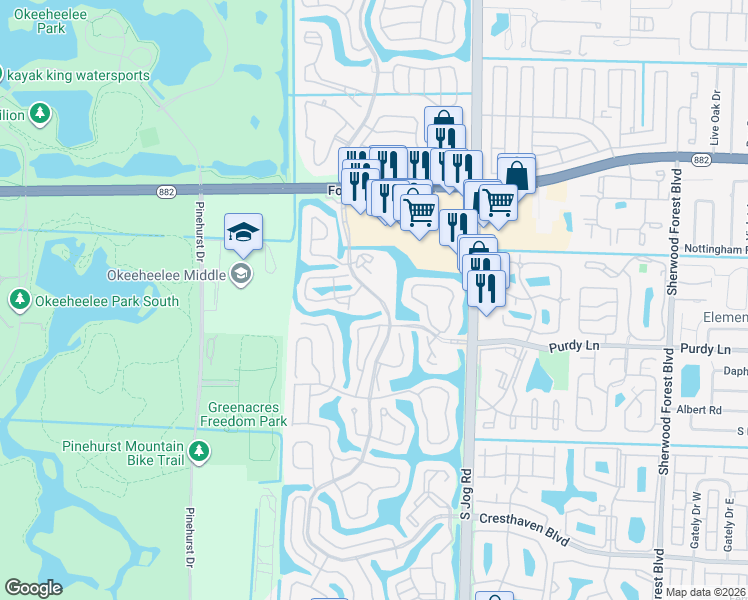 map of restaurants, bars, coffee shops, grocery stores, and more near 100 River Bridge Boulevard in Greenacres