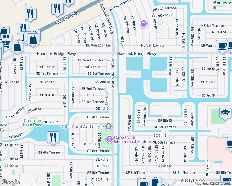 map of restaurants, bars, coffee shops, grocery stores, and more near 217 Cultural Park Boulevard in Cape Coral