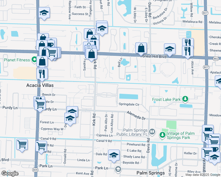 map of restaurants, bars, coffee shops, grocery stores, and more near 3200 Springdale Boulevard in Palm Springs