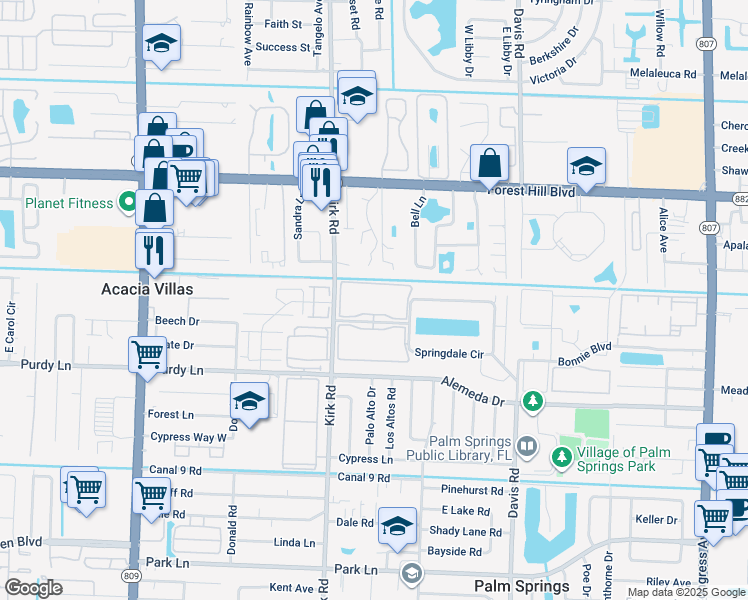 map of restaurants, bars, coffee shops, grocery stores, and more near 3400 Springdale Boulevard in Palm Springs