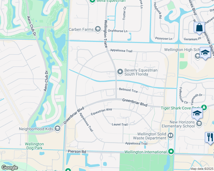 map of restaurants, bars, coffee shops, grocery stores, and more near 14564 Rolling Rock Place in Wellington
