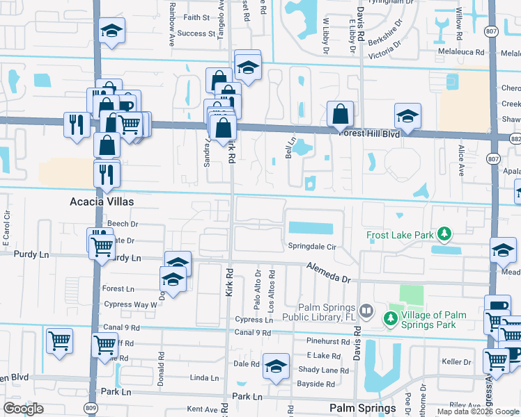 map of restaurants, bars, coffee shops, grocery stores, and more near 3000 Springdale Boulevard in Palm Springs