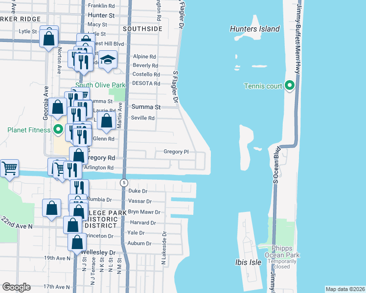 map of restaurants, bars, coffee shops, grocery stores, and more near 50 Rutland Boulevard in West Palm Beach