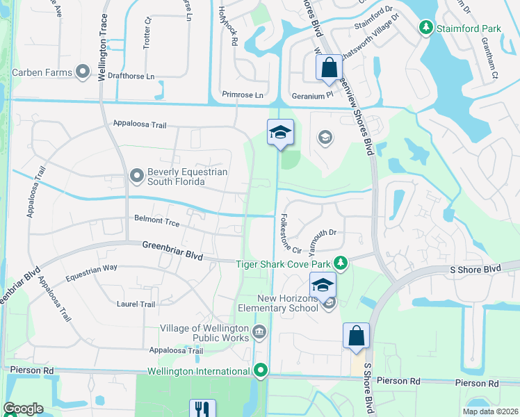map of restaurants, bars, coffee shops, grocery stores, and more near 2728 Appaloosa Trail in Wellington