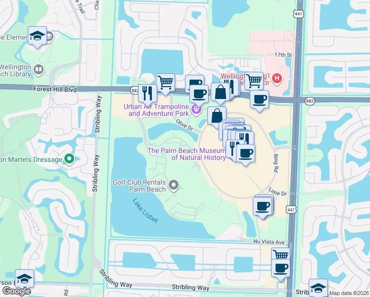 map of restaurants, bars, coffee shops, grocery stores, and more near 3312 Pomerol Drive in Wellington