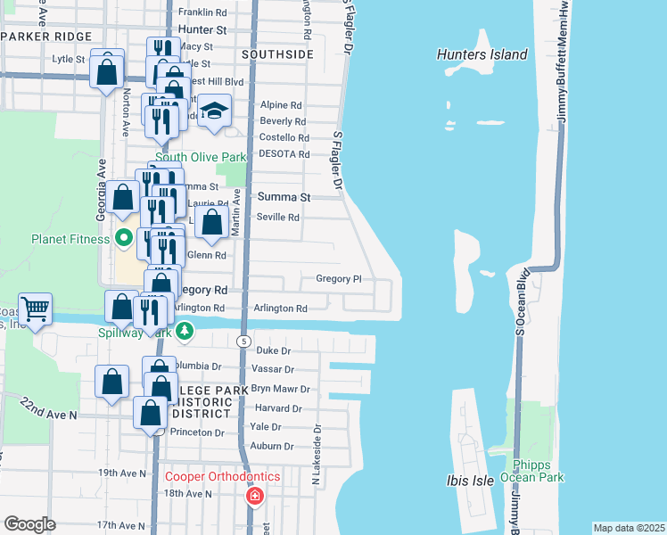 map of restaurants, bars, coffee shops, grocery stores, and more near 101 Rutland Boulevard in West Palm Beach