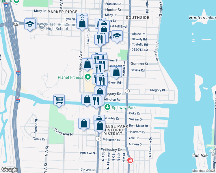 map of restaurants, bars, coffee shops, grocery stores, and more near 370 Glenn Road in West Palm Beach