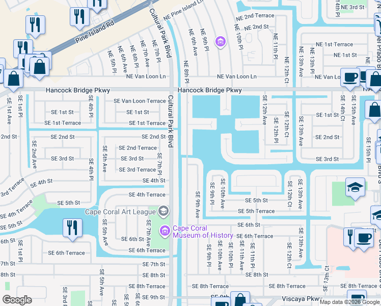 map of restaurants, bars, coffee shops, grocery stores, and more near 217 Southeast 8th Place in Cape Coral