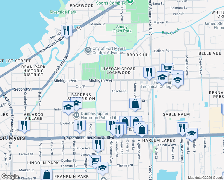 map of restaurants, bars, coffee shops, grocery stores, and more near 1665 Henderson Avenue in Fort Myers
