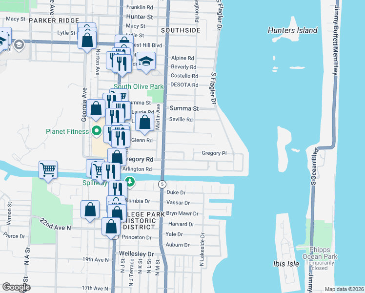 map of restaurants, bars, coffee shops, grocery stores, and more near 228 Rutland Boulevard in West Palm Beach