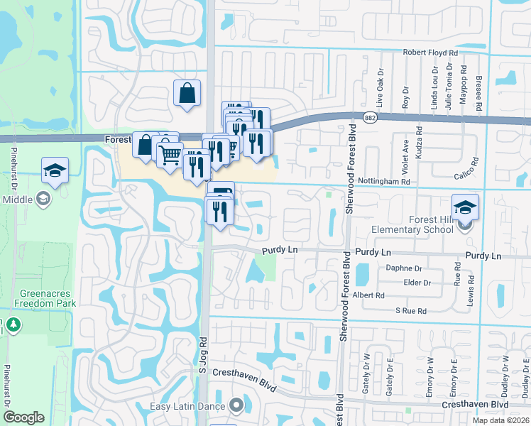 map of restaurants, bars, coffee shops, grocery stores, and more near 2185 White Pine Circle in Greenacres