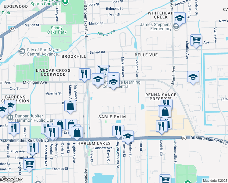map of restaurants, bars, coffee shops, grocery stores, and more near 3650 Michigan Avenue in Fort Myers