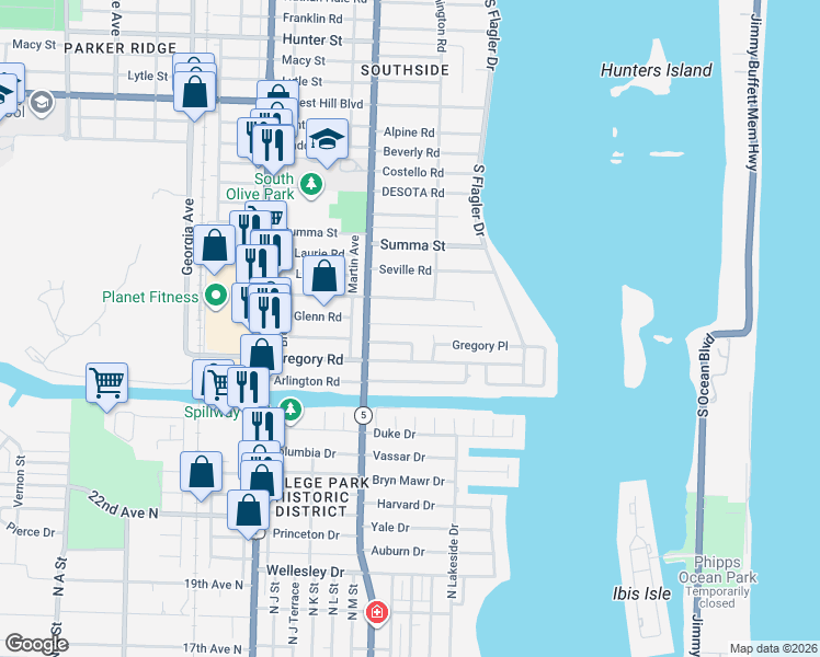 map of restaurants, bars, coffee shops, grocery stores, and more near 225 Rutland Boulevard in West Palm Beach