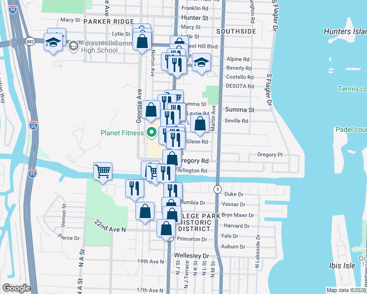 map of restaurants, bars, coffee shops, grocery stores, and more near 370 Glenn Road in West Palm Beach