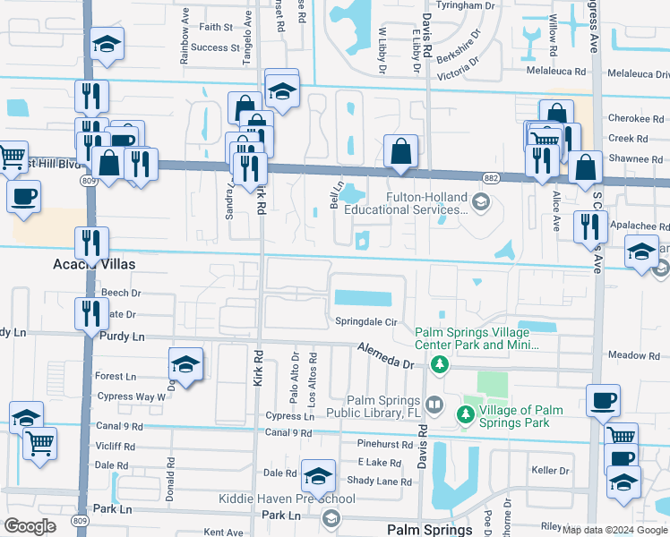 map of restaurants, bars, coffee shops, grocery stores, and more near 52 Springdale Circle in Palm Springs