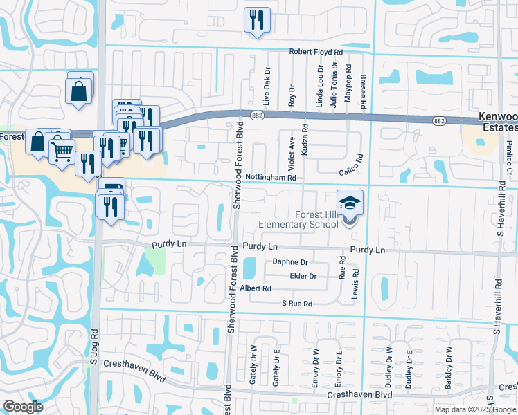 map of restaurants, bars, coffee shops, grocery stores, and more near 5924 Longbow Lane in Haverhill