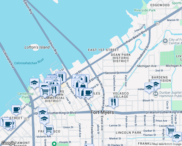 map of restaurants, bars, coffee shops, grocery stores, and more near 1526 Park Avenue in Fort Myers