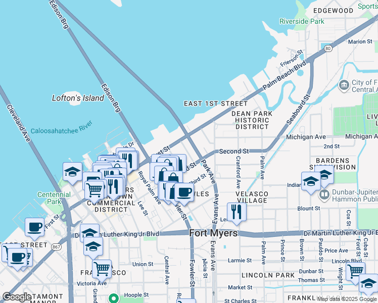 map of restaurants, bars, coffee shops, grocery stores, and more near 1526 Park Avenue in Fort Myers