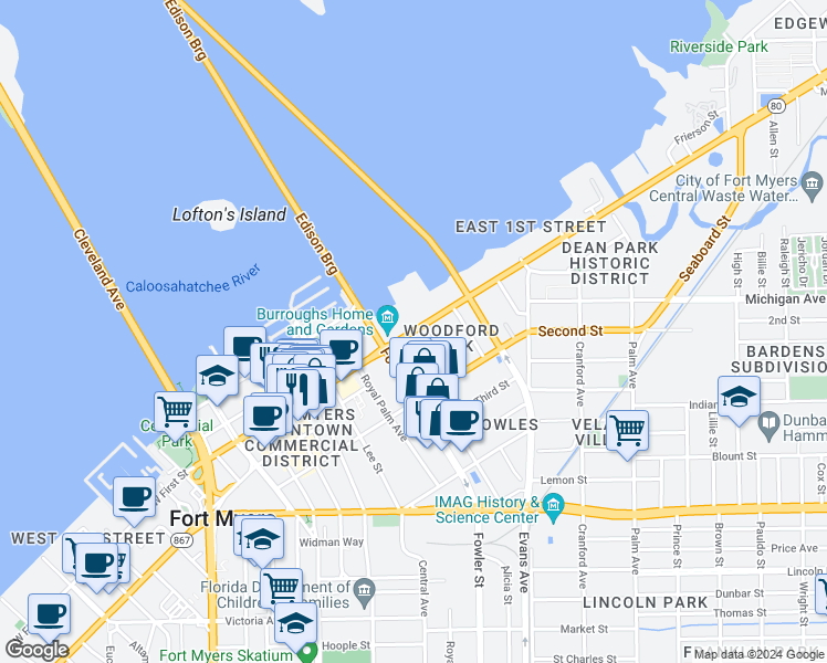 map of restaurants, bars, coffee shops, grocery stores, and more near 2515 First Street in Fort Myers