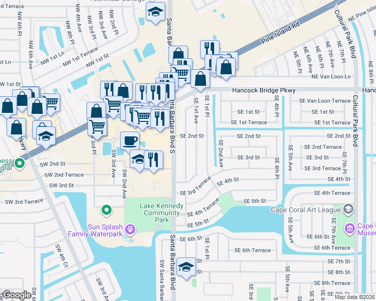 map of restaurants, bars, coffee shops, grocery stores, and more near 219 Southeast Santa Barbara Place in Cape Coral