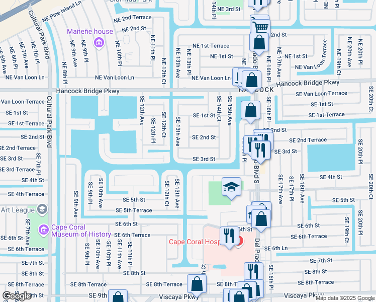 map of restaurants, bars, coffee shops, grocery stores, and more near 1319 Southeast 2nd Terrace in Cape Coral