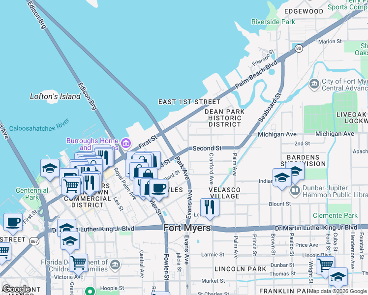 map of restaurants, bars, coffee shops, grocery stores, and more near 1626 Avalon Place in Fort Myers