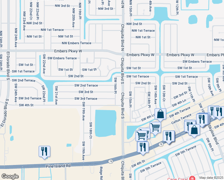map of restaurants, bars, coffee shops, grocery stores, and more near 207 Southwest 16th Place in Cape Coral