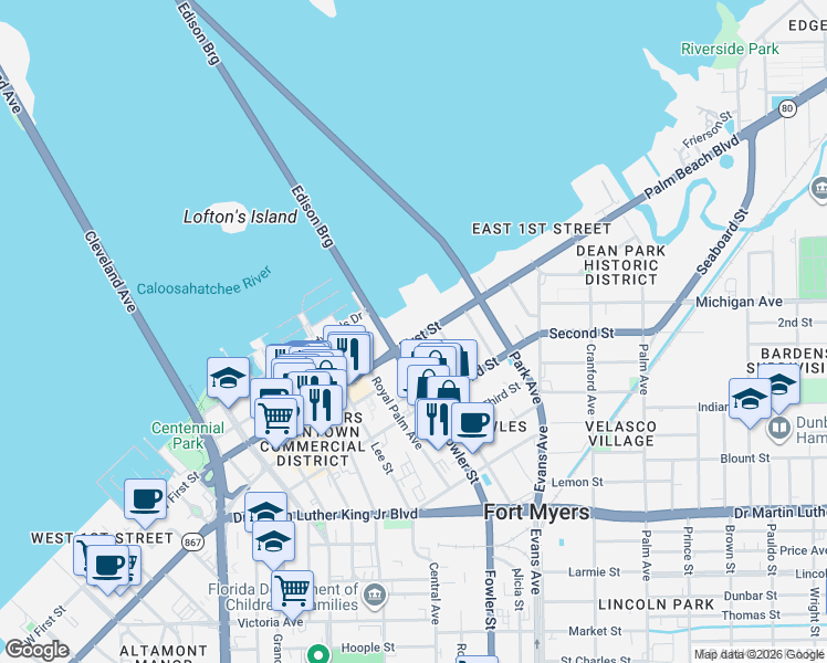 map of restaurants, bars, coffee shops, grocery stores, and more near 2515 First Street in Fort Myers
