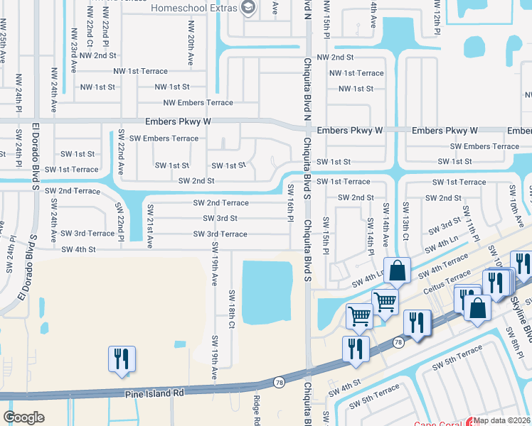 map of restaurants, bars, coffee shops, grocery stores, and more near 1702 Southwest 2nd Terrace in Cape Coral