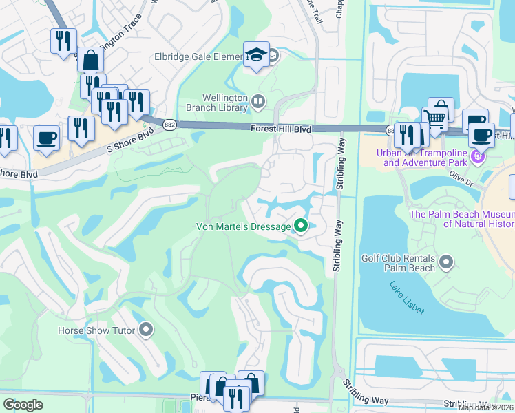 map of restaurants, bars, coffee shops, grocery stores, and more near 11872 Pebblewood Drive in Wellington