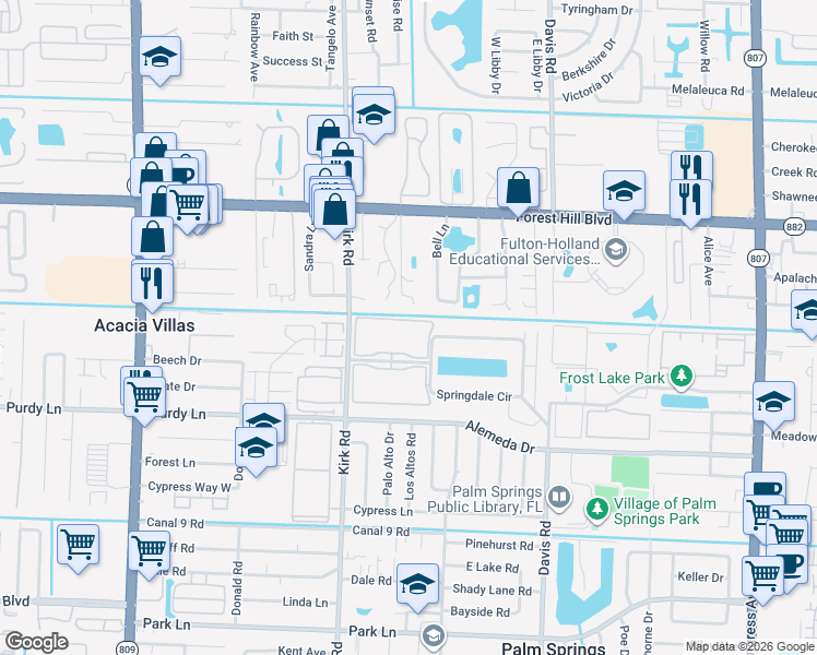 map of restaurants, bars, coffee shops, grocery stores, and more near 3300 Springdale Boulevard in Palm Springs