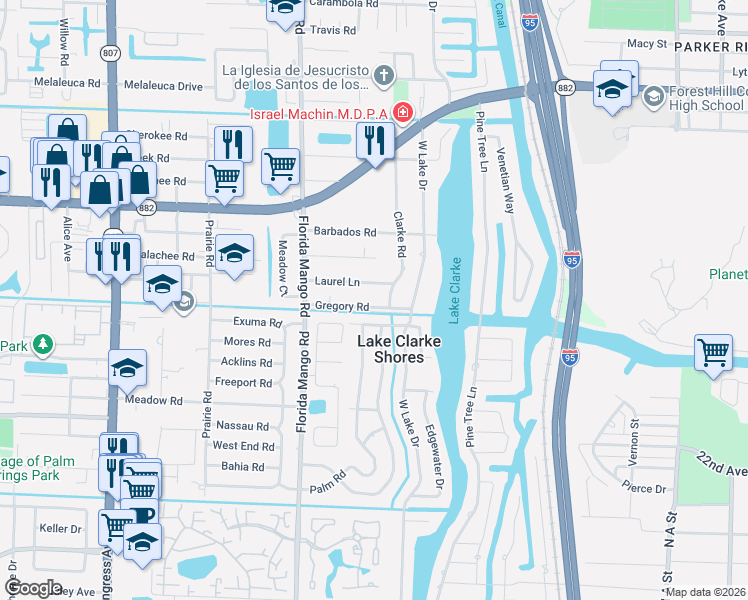 map of restaurants, bars, coffee shops, grocery stores, and more near 1806 Laurel Lane in West Palm Beach