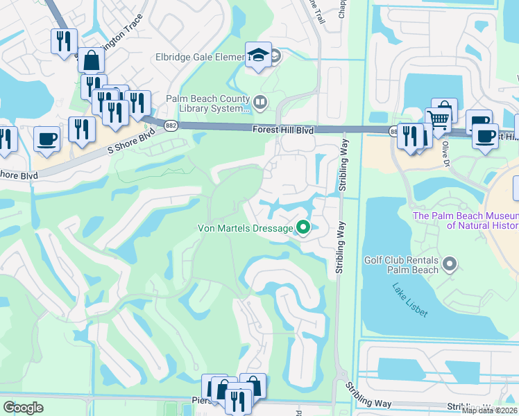 map of restaurants, bars, coffee shops, grocery stores, and more near 11872 Pebblewood Drive in Wellington