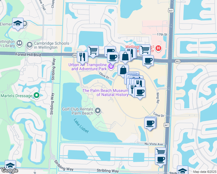 map of restaurants, bars, coffee shops, grocery stores, and more near 3312 Pomerol Drive in Wellington