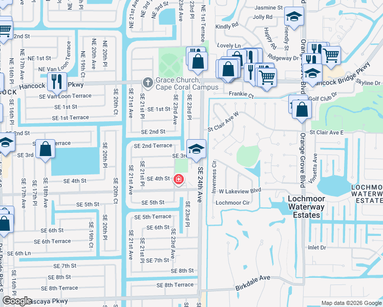 map of restaurants, bars, coffee shops, grocery stores, and more near 224 Southeast 23rd Place in Cape Coral