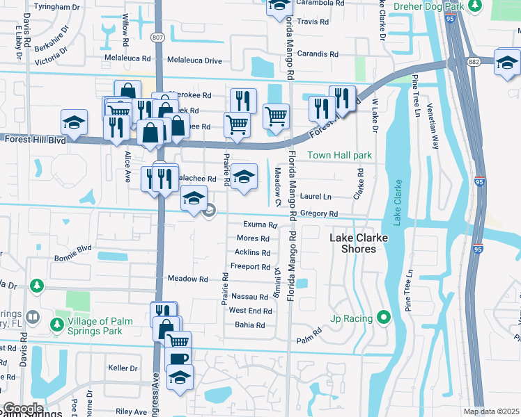 map of restaurants, bars, coffee shops, grocery stores, and more near 1974 Prairie Road in West Palm Beach