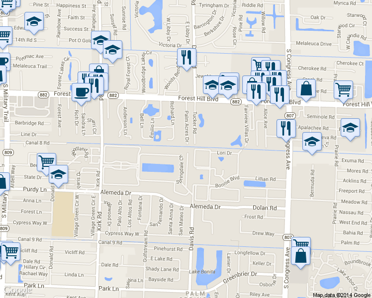 map of restaurants, bars, coffee shops, grocery stores, and more near 371 Springdale Circle in Palm Springs