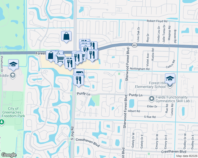 map of restaurants, bars, coffee shops, grocery stores, and more near 2177 White Pine Circle in Greenacres