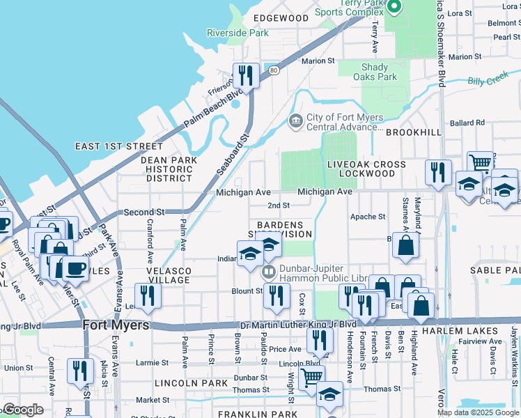 map of restaurants, bars, coffee shops, grocery stores, and more near 3019 2nd Street in Fort Myers