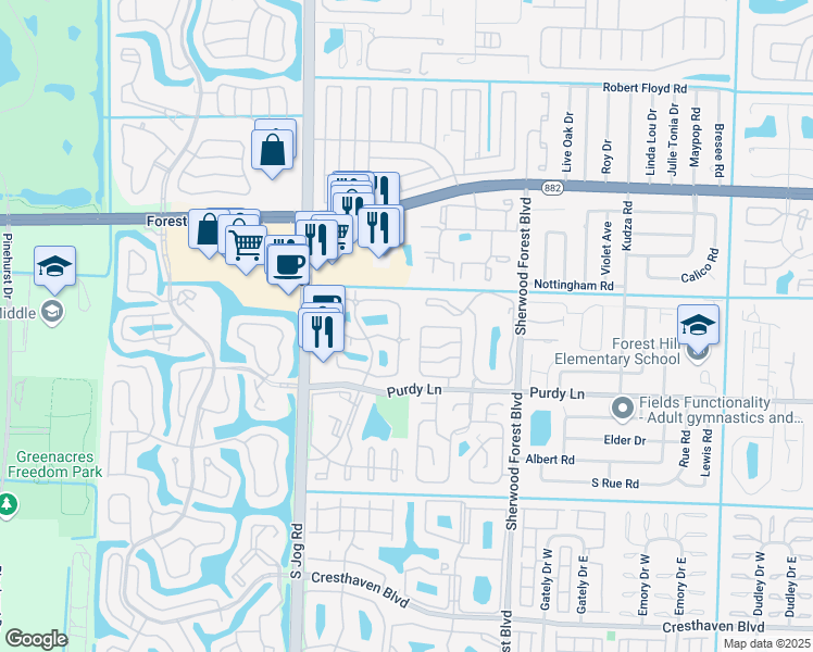 map of restaurants, bars, coffee shops, grocery stores, and more near 2177 White Pine Circle in Greenacres