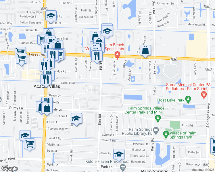 map of restaurants, bars, coffee shops, grocery stores, and more near 3400 Springdale Boulevard in Palm Springs