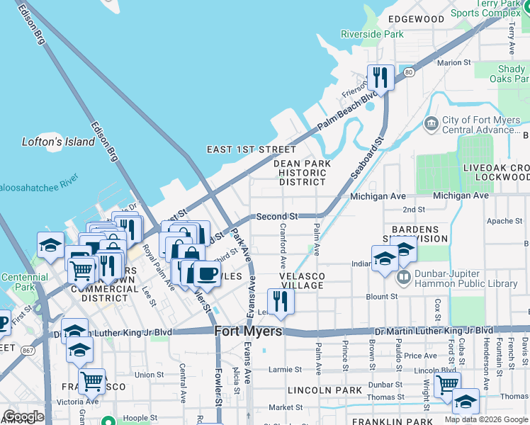 map of restaurants, bars, coffee shops, grocery stores, and more near 2635 Second Street in Fort Myers