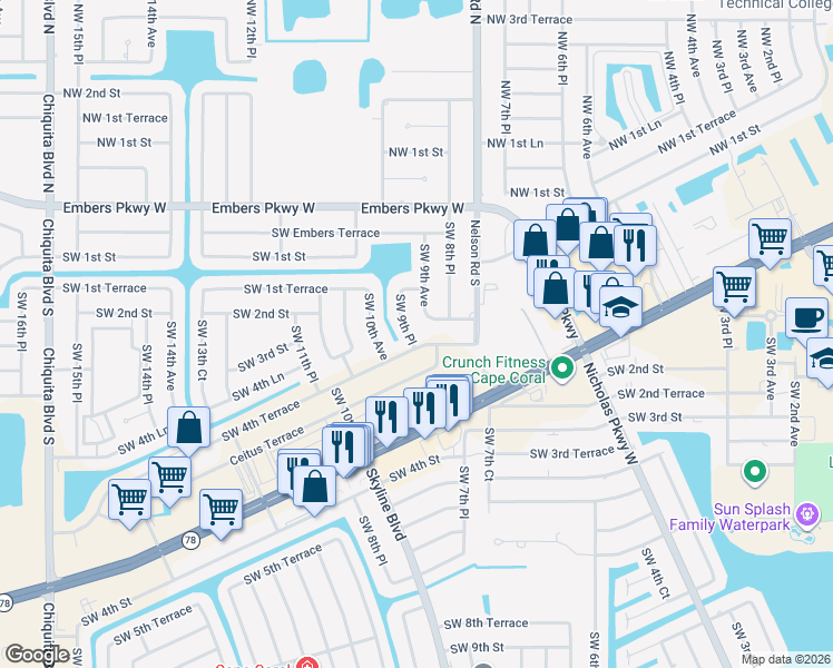 map of restaurants, bars, coffee shops, grocery stores, and more near 211 Southwest 9th Place in Cape Coral