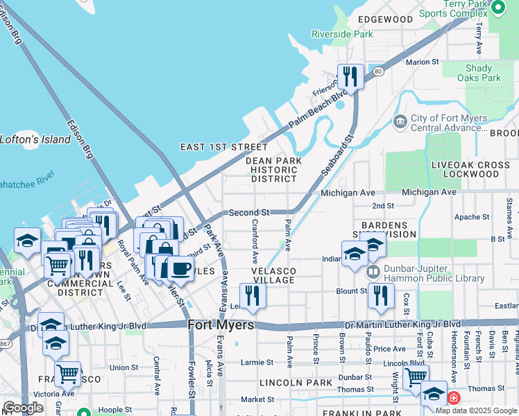 map of restaurants, bars, coffee shops, grocery stores, and more near 2709 Second Street in Fort Myers